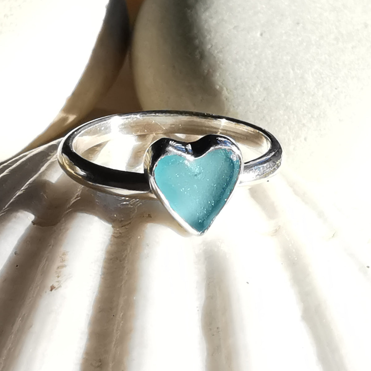 Scottish blue sea glass heart & sterling silver ring size M/6.