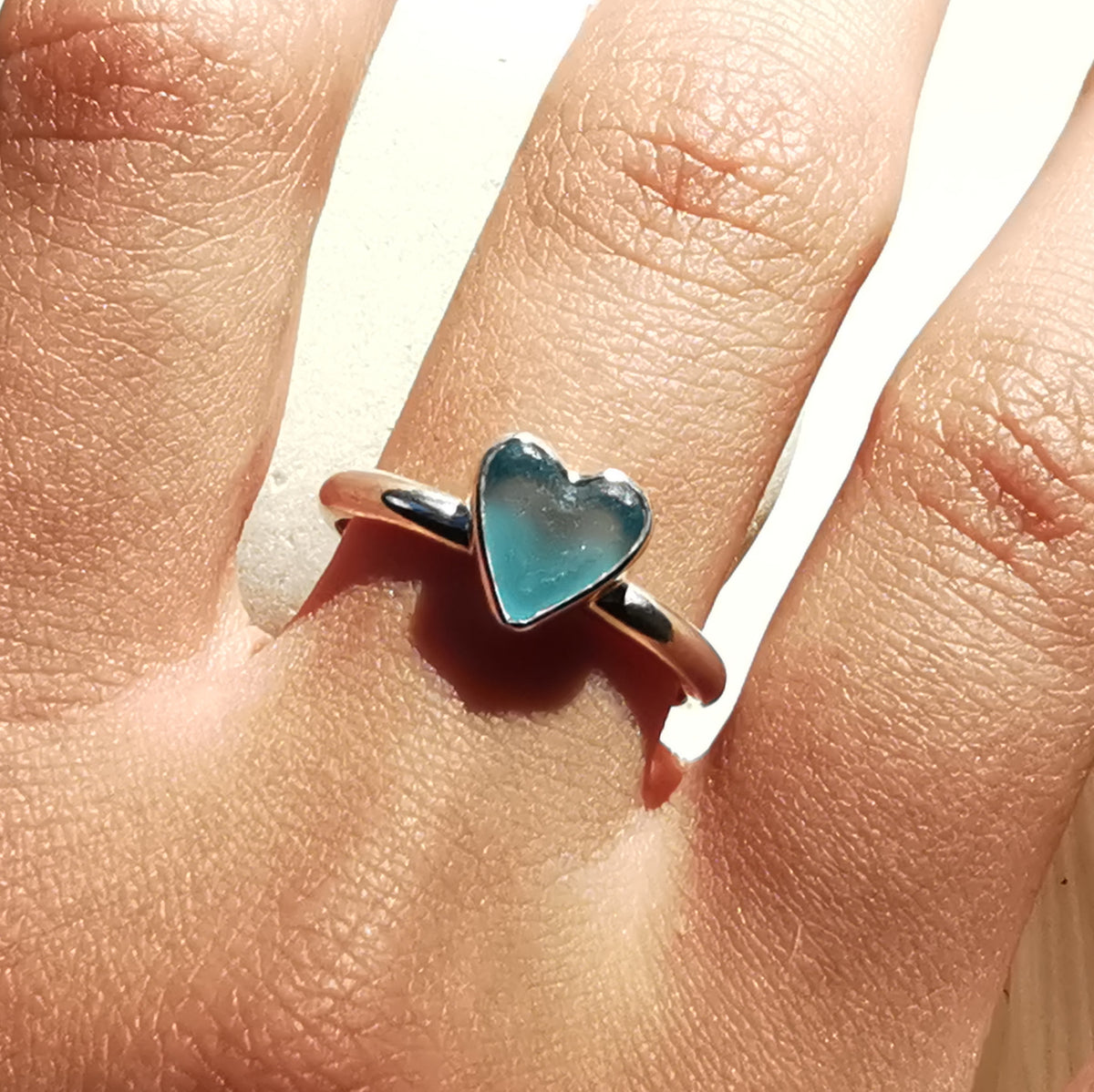 Scottish blue sea glass heart & sterling silver ring size M/6.