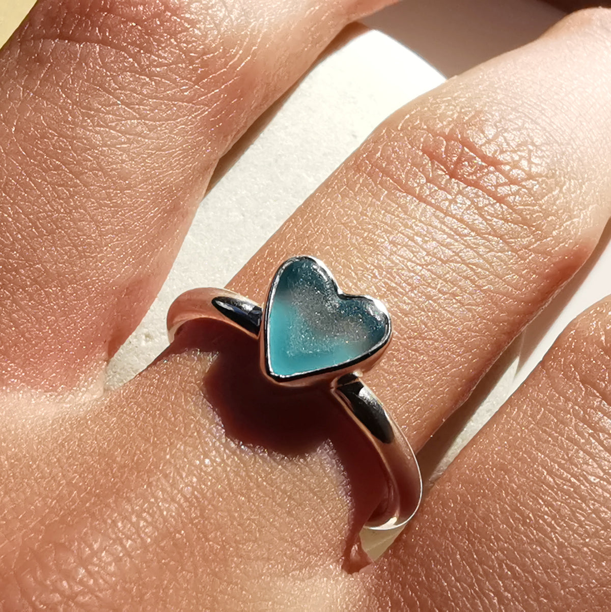 Scottish blue sea glass heart & sterling silver ring size M/6.