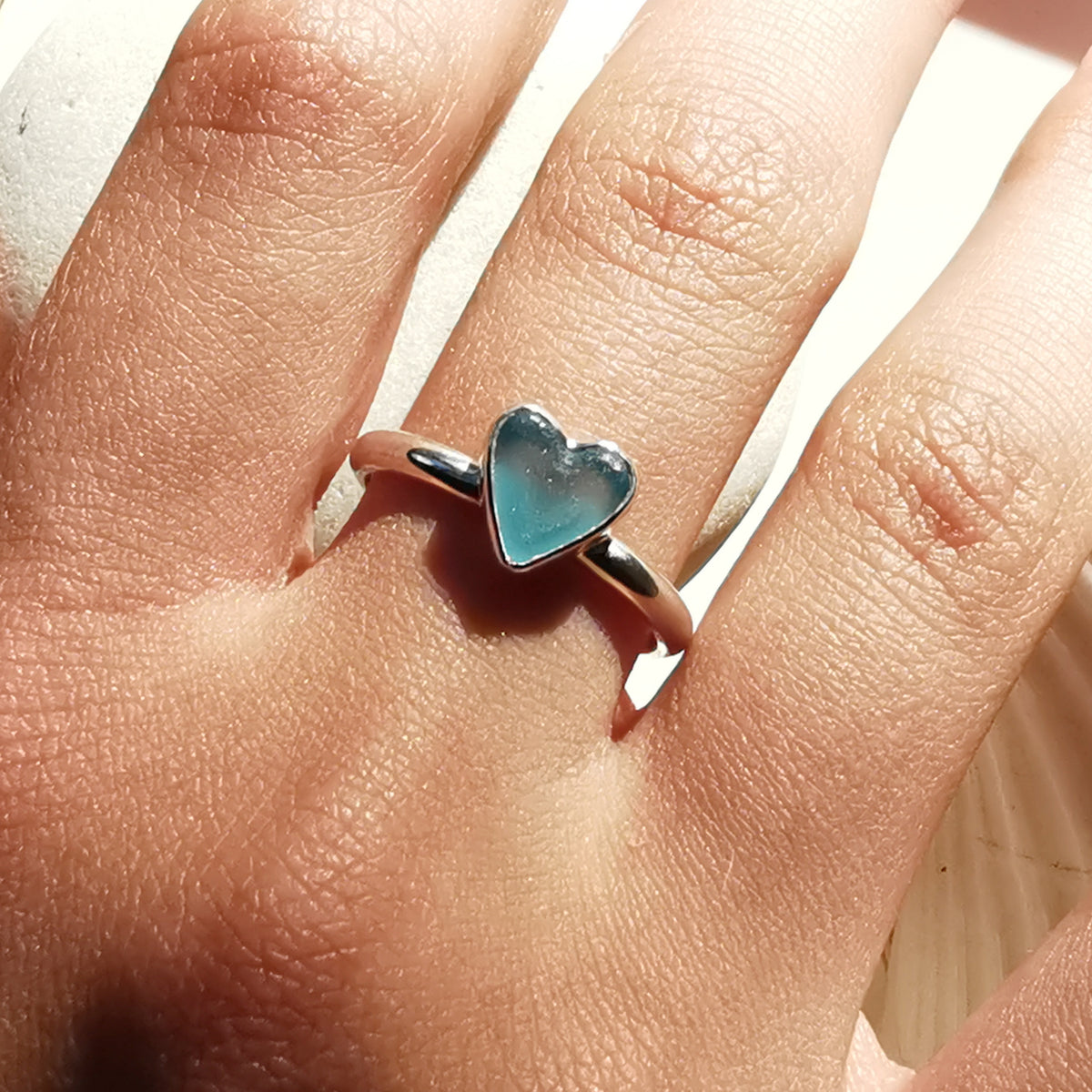 Scottish blue sea glass heart & sterling silver ring size M/6.