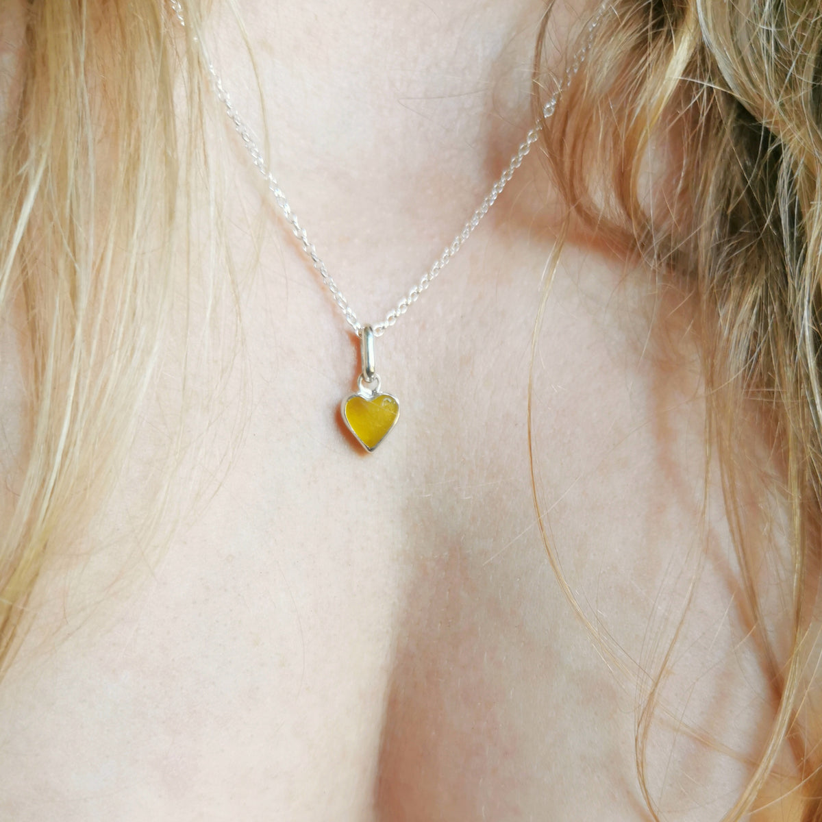 Scottish yellow sea glass heart & sterling silver pendant.