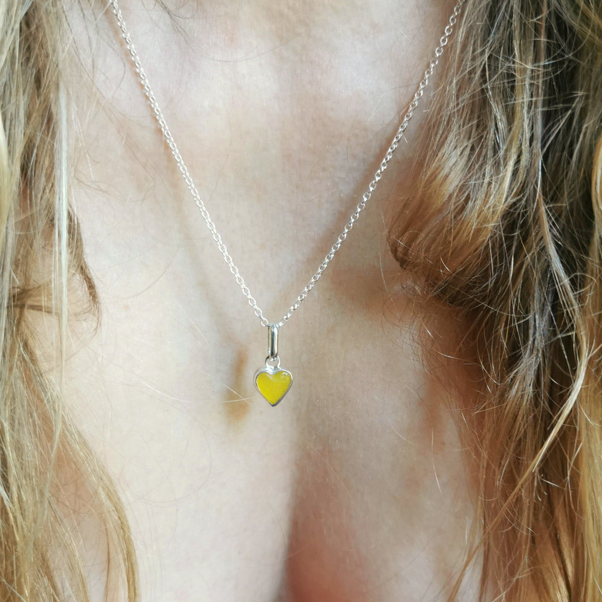 Scottish yellow sea glass heart & sterling silver pendant.