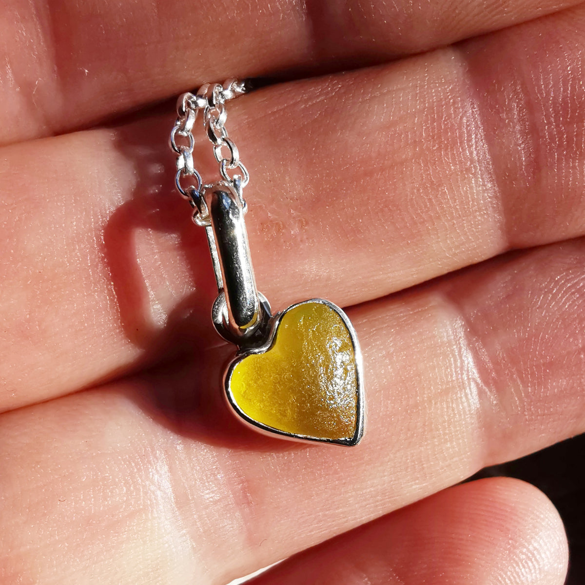 Scottish yellow sea glass heart & sterling silver pendant.