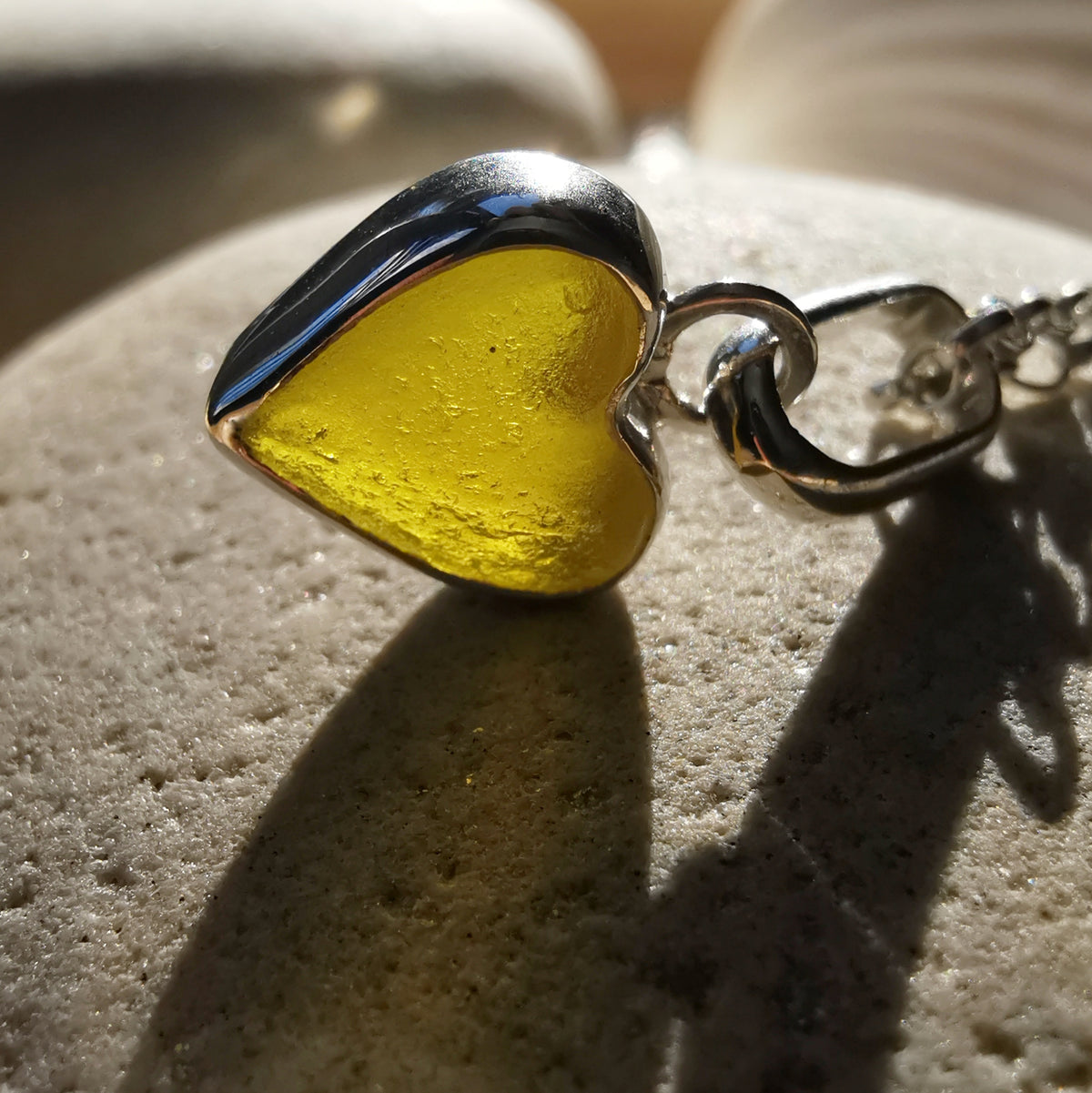 Scottish yellow sea glass heart & sterling silver pendant.