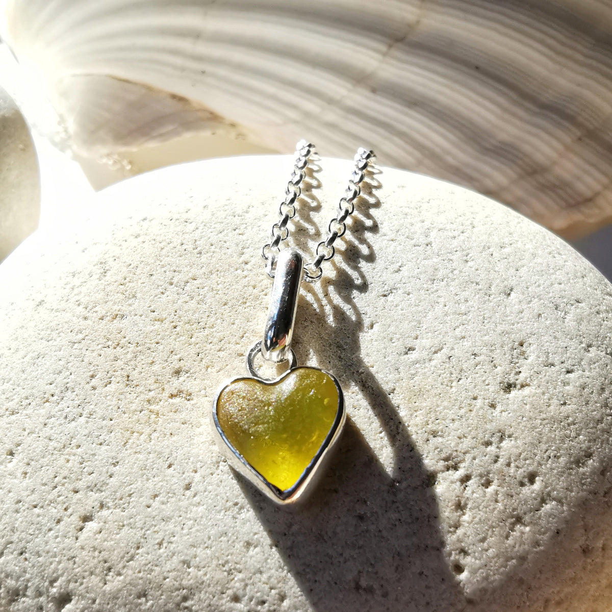 Scottish yellow sea glass heart & sterling silver pendant.