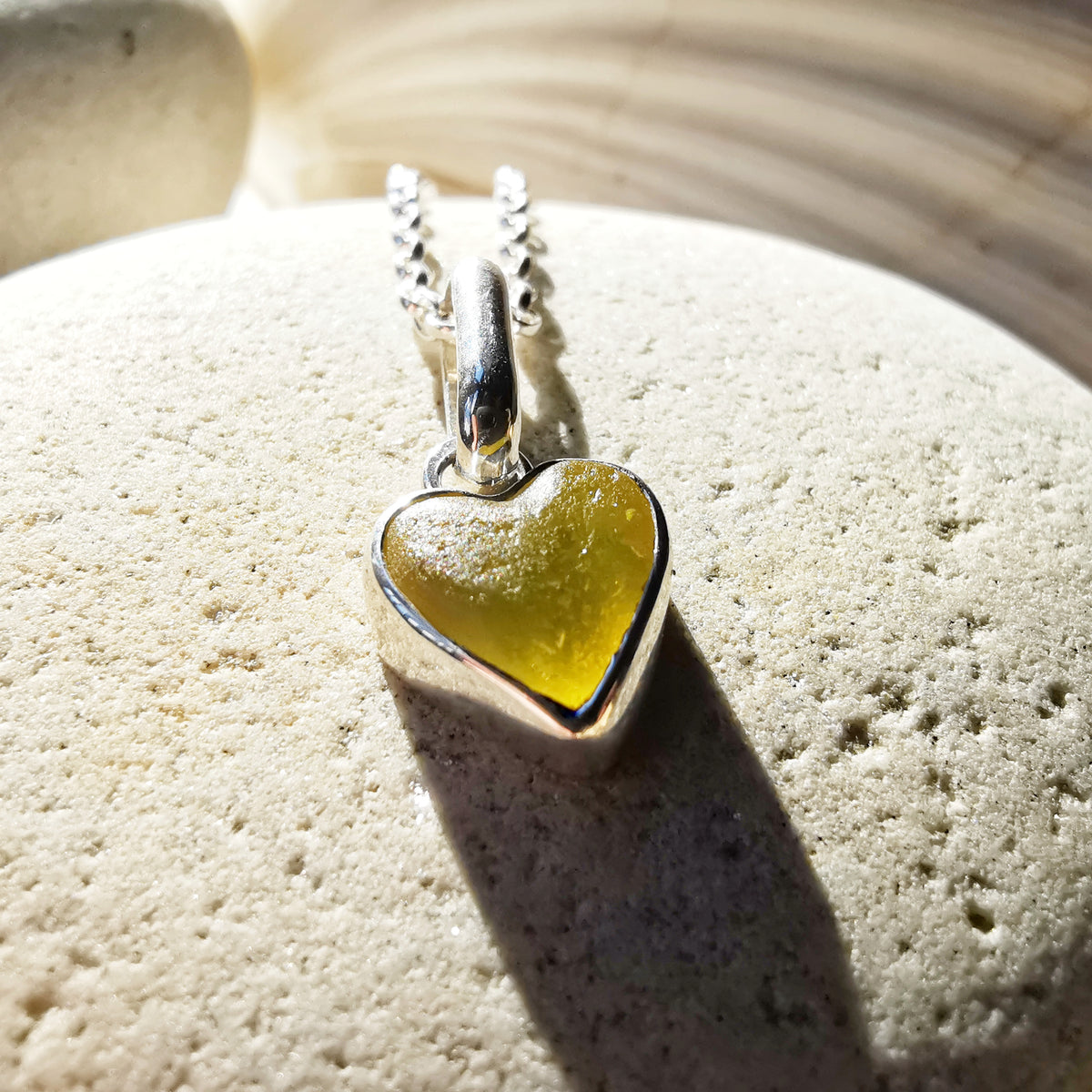 Scottish yellow sea glass heart & sterling silver pendant.
