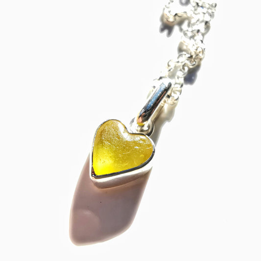Scottish yellow sea glass heart & sterling silver pendant.