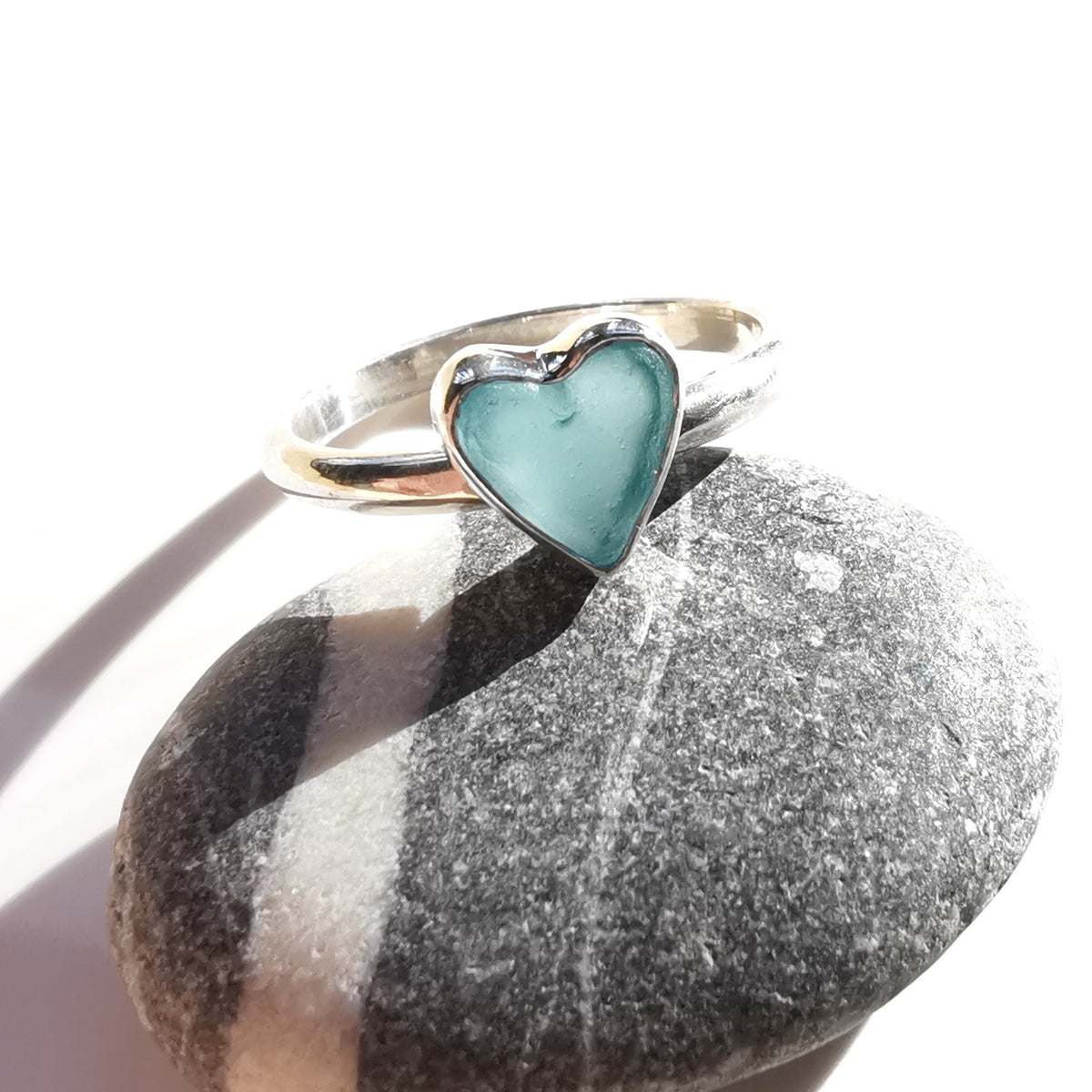Scottish blue sea glass heart & sterling silver ring size M/6.