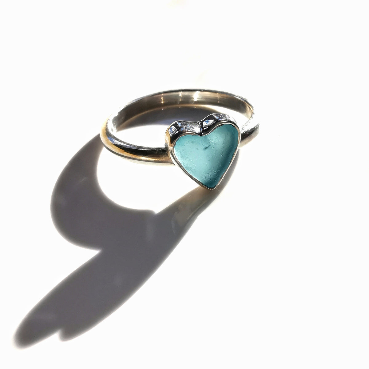 Scottish blue sea glass heart & sterling silver ring size M/6.