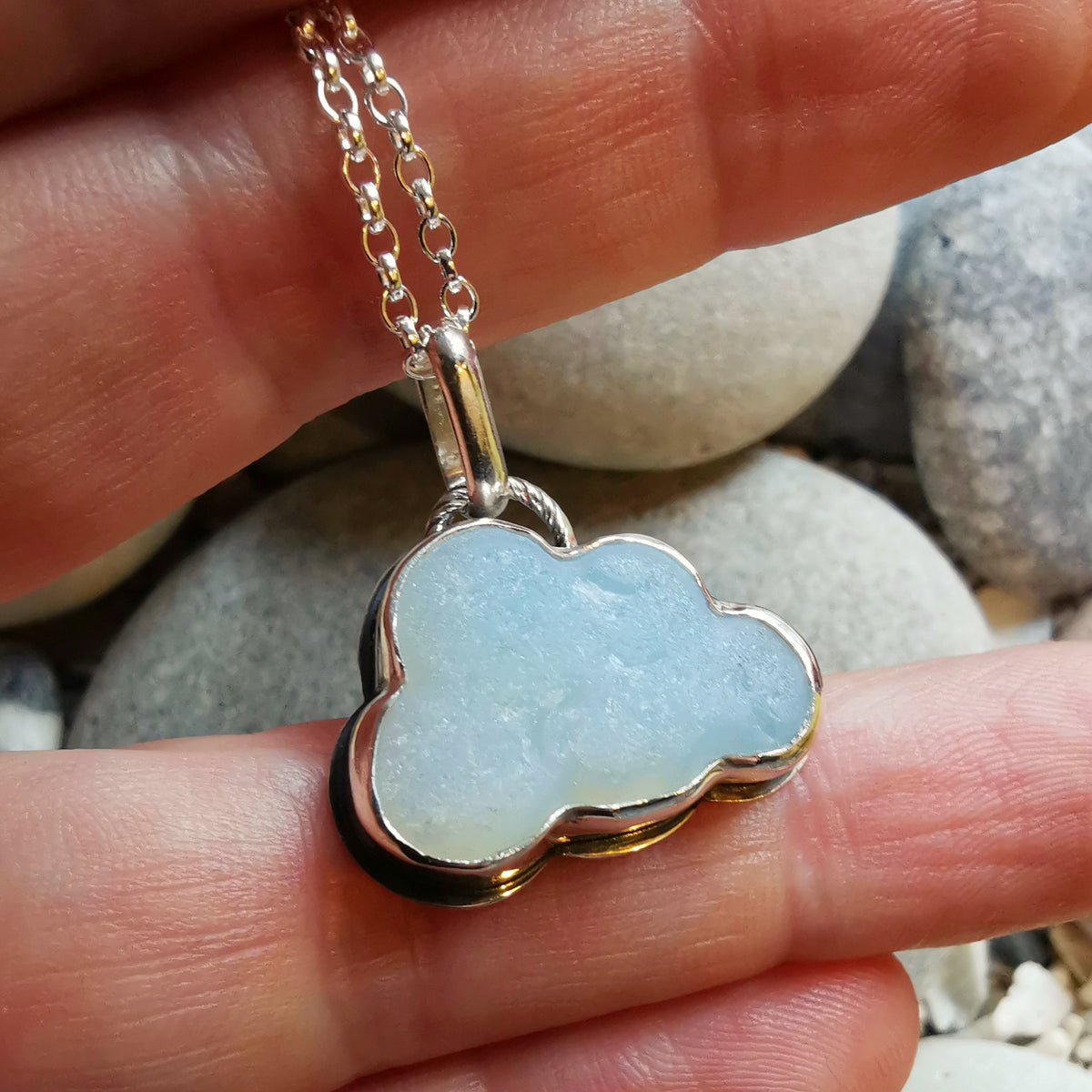 Opalescent sea glass cloud & sterling silver pendant.