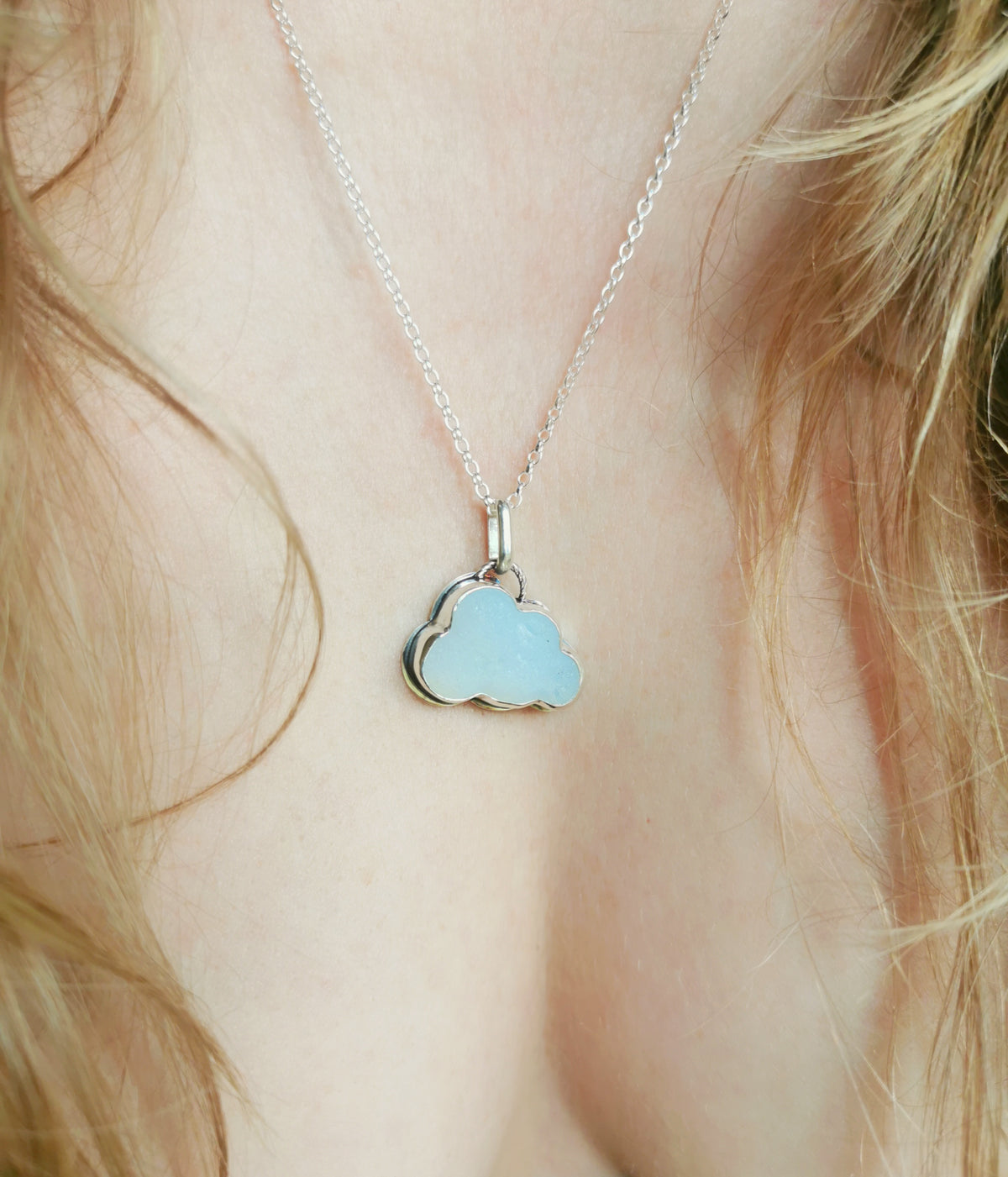 Opalescent sea glass cloud & sterling silver pendant.