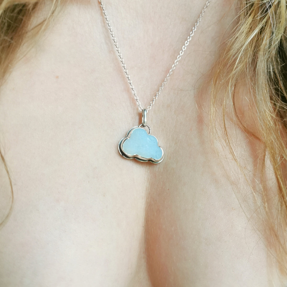 Opalescent sea glass cloud & sterling silver pendant.