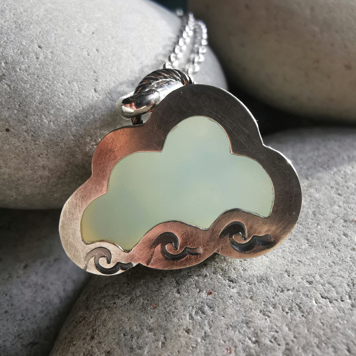 Opalescent sea glass cloud & sterling silver pendant.