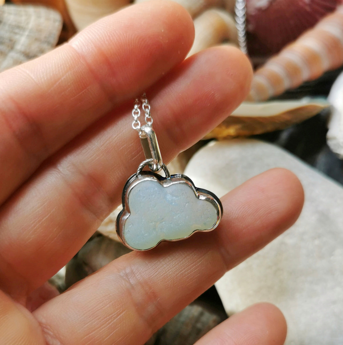 Opalescent sea glass cloud & sterling silver pendant.