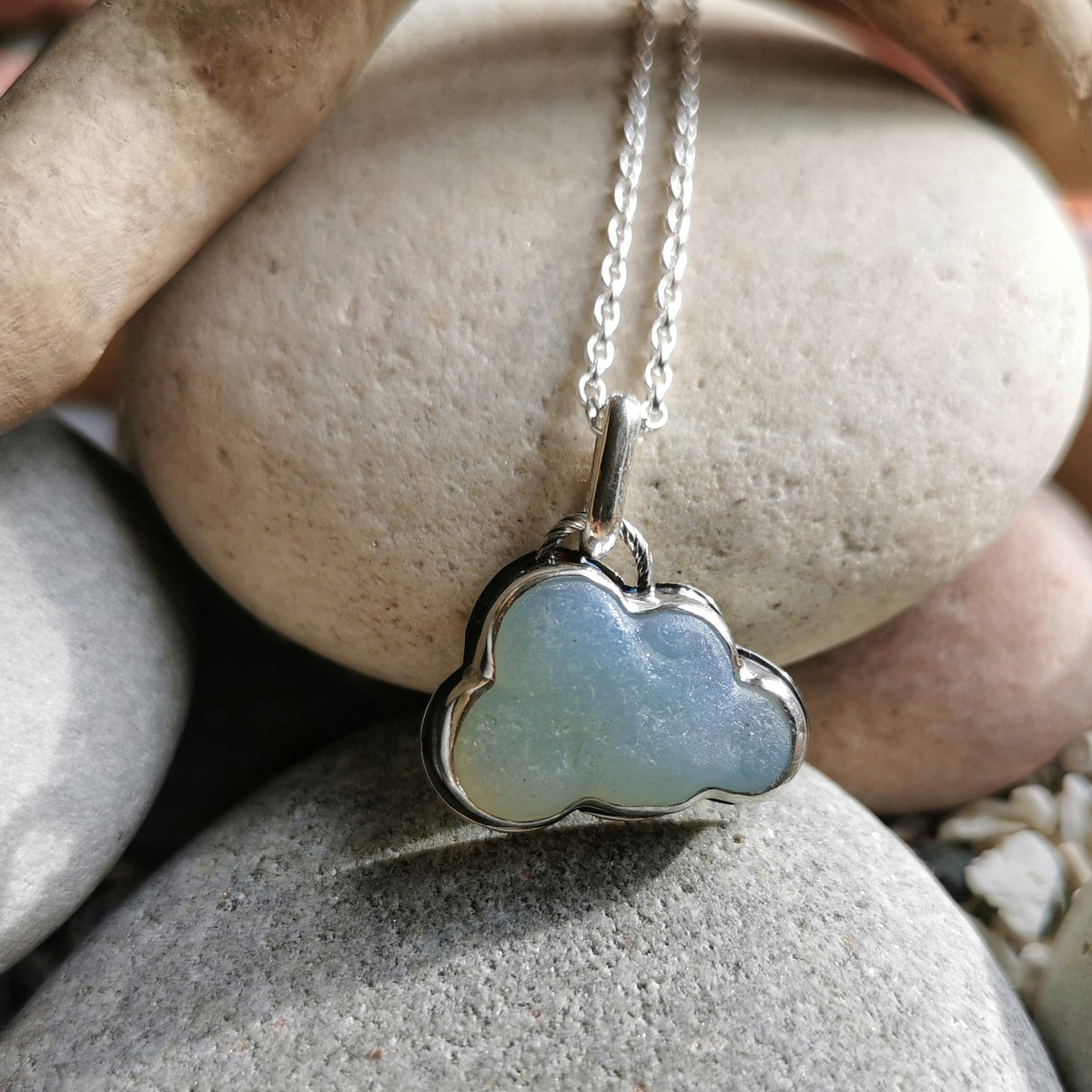 Opalescent sea glass cloud & sterling silver pendant.