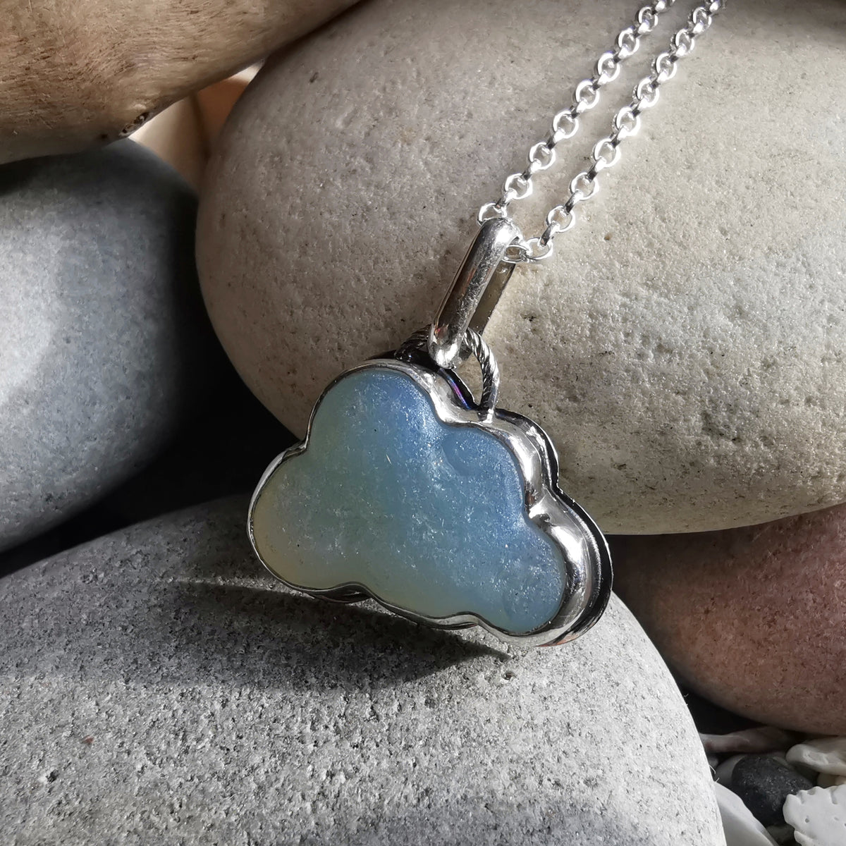Opalescent sea glass cloud & sterling silver pendant.