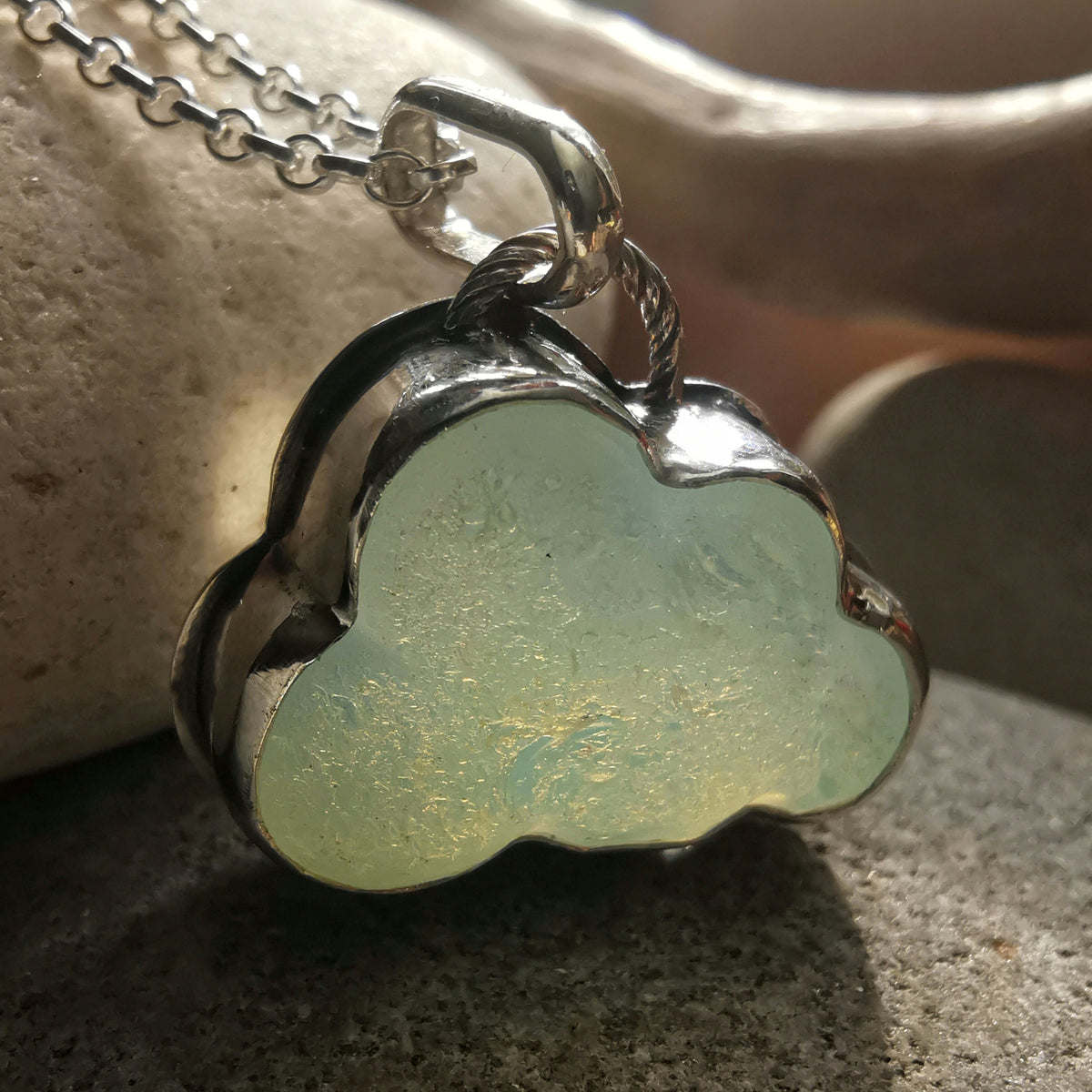Opalescent sea glass cloud & sterling silver pendant.