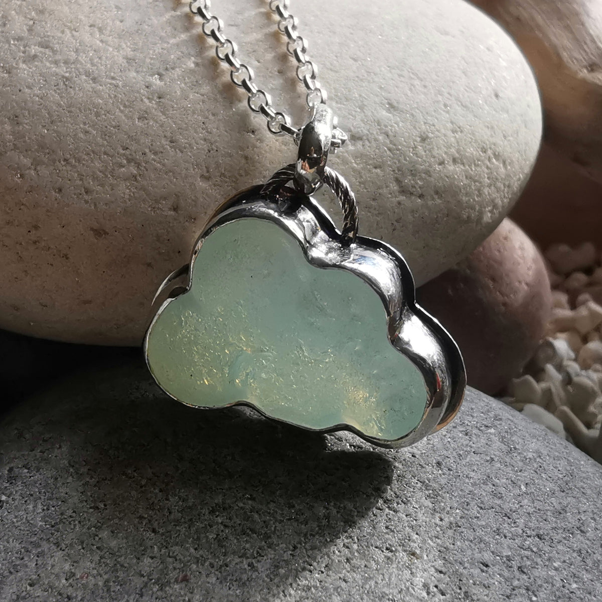 Opalescent sea glass cloud & sterling silver pendant.
