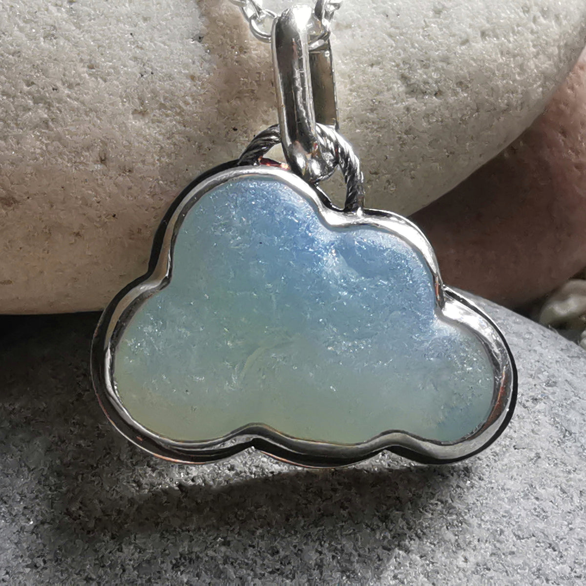 Opalescent sea glass cloud & sterling silver pendant.
