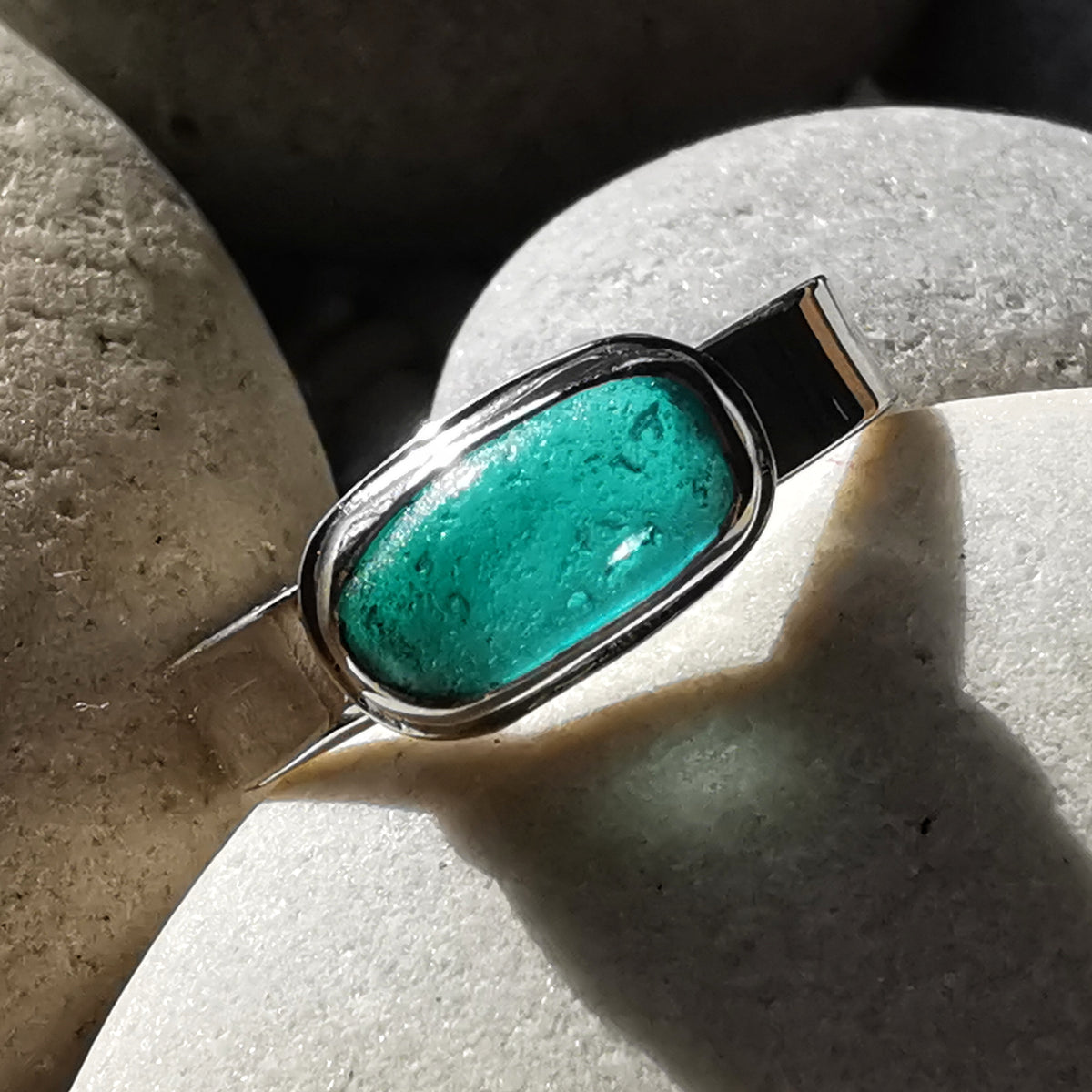 Genuine teal sea glass & sterling silver ring.