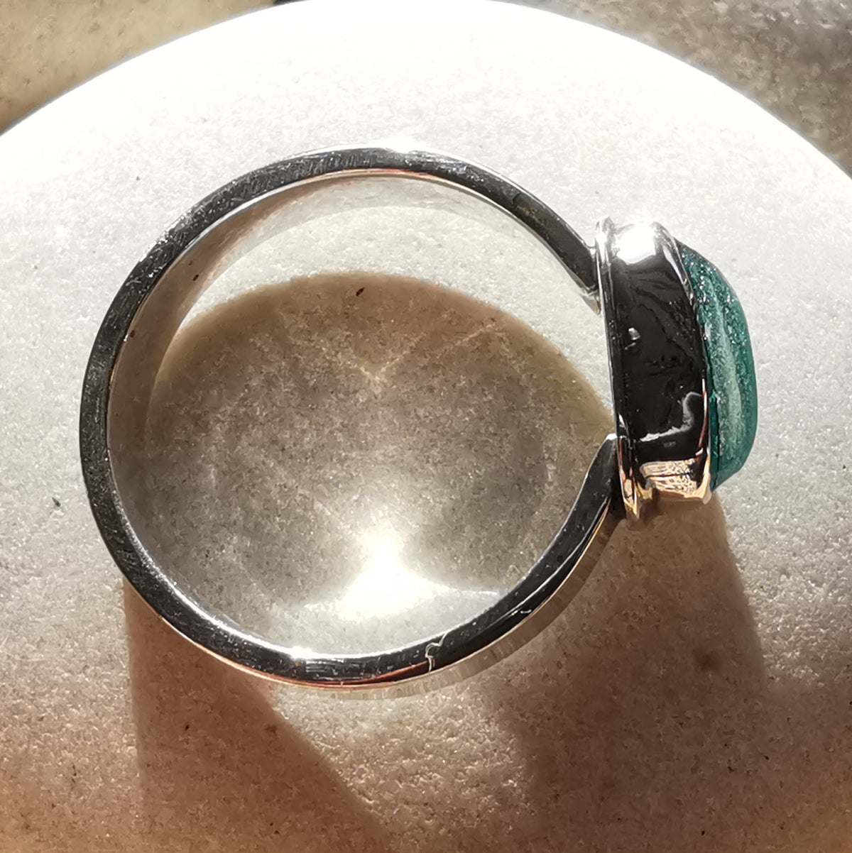 Genuine teal sea glass & sterling silver ring.