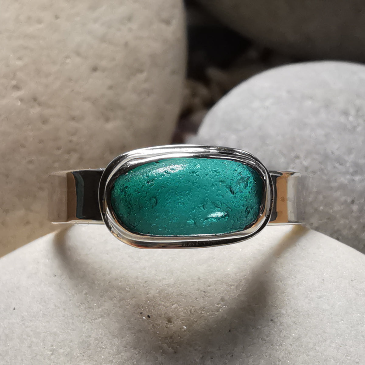 Genuine teal sea glass & sterling silver ring.