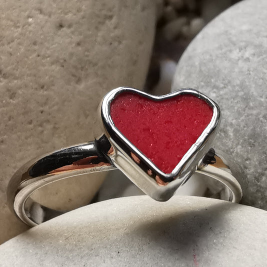 Red sea glass heart & sterling silver ring.