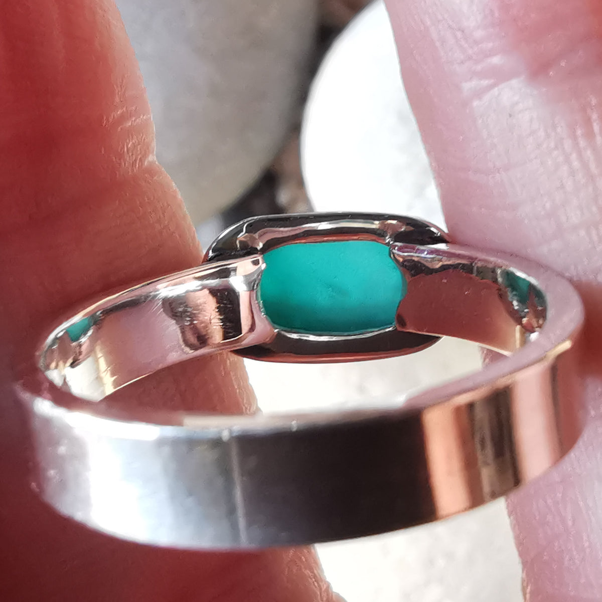 Genuine teal sea glass & sterling silver ring.