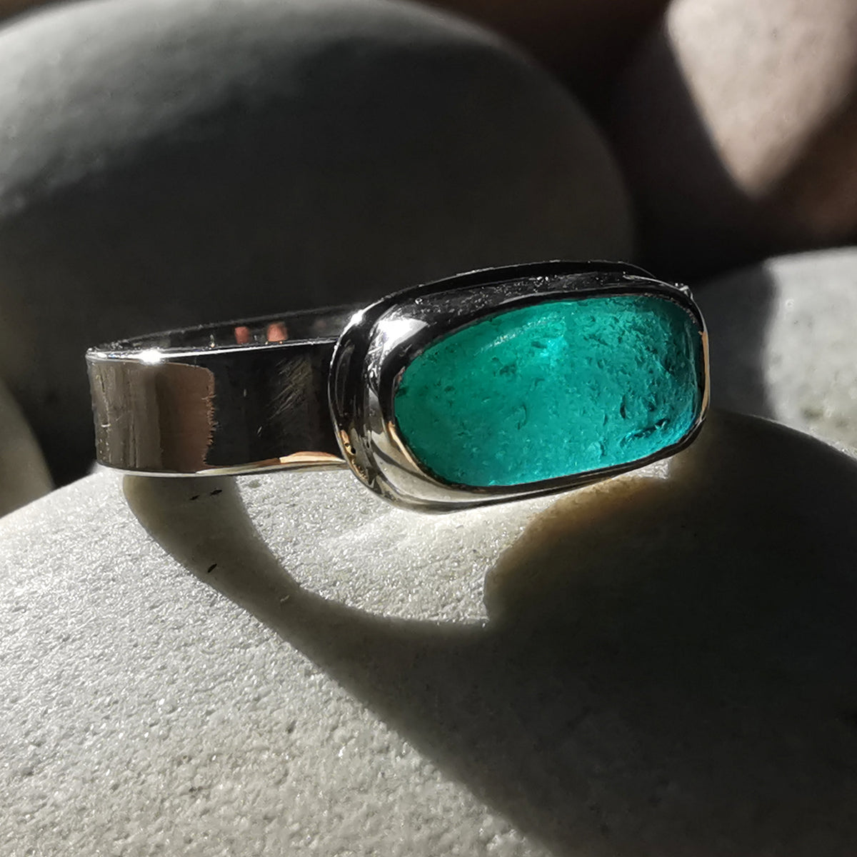 Genuine teal sea glass & sterling silver ring.