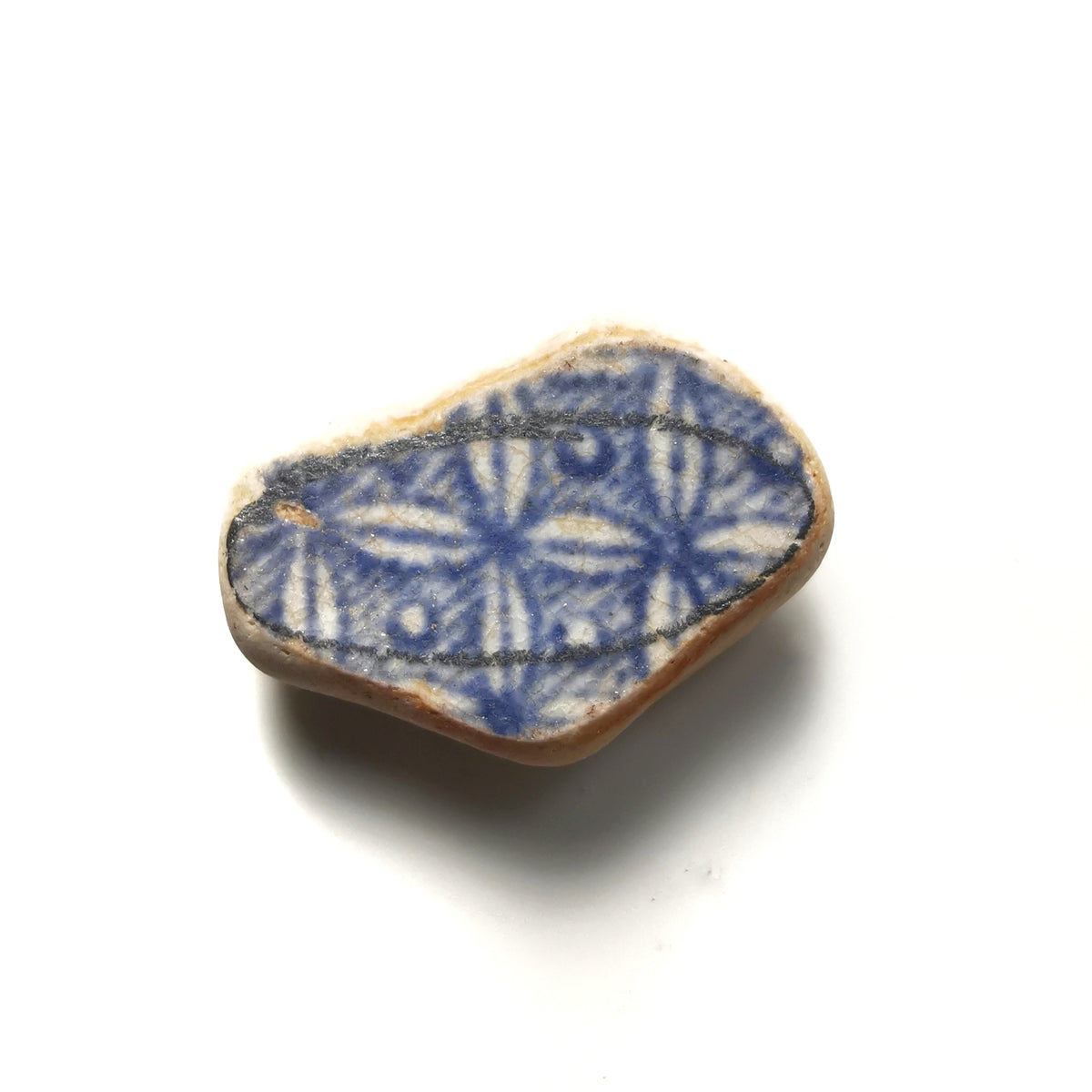 Blue and white Scottish sea pottery & sterling silver ring size P 1/2.