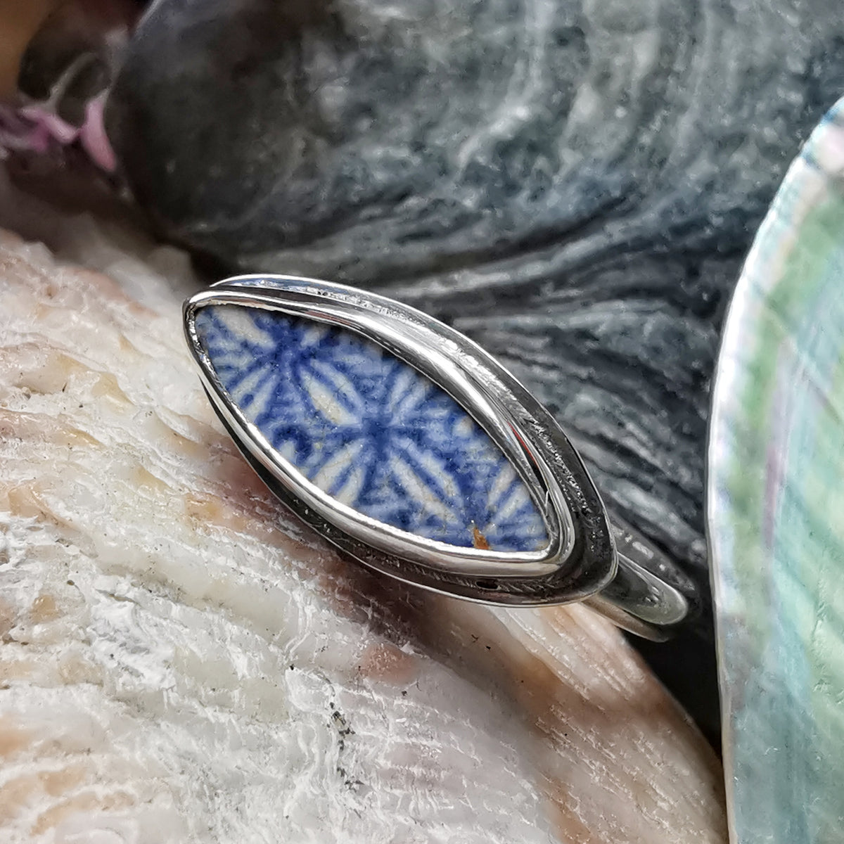 Blue and white Scottish sea pottery & sterling silver ring size P 1/2.