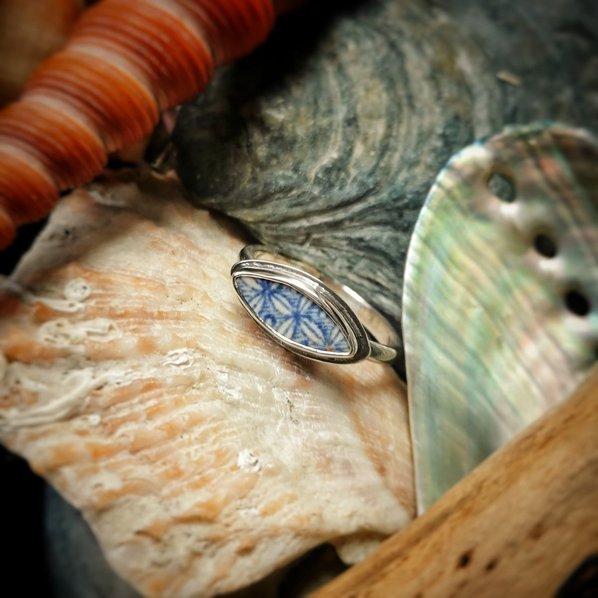 Blue and white Scottish sea pottery & sterling silver ring size P 1/2.