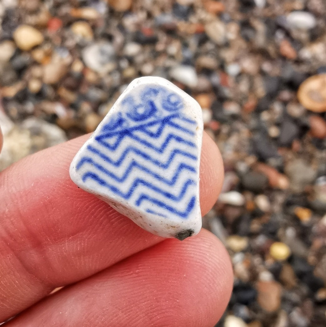 Scottish beach pottery necklace -blue and white chevron pattern, sterling silver heart pendant.
