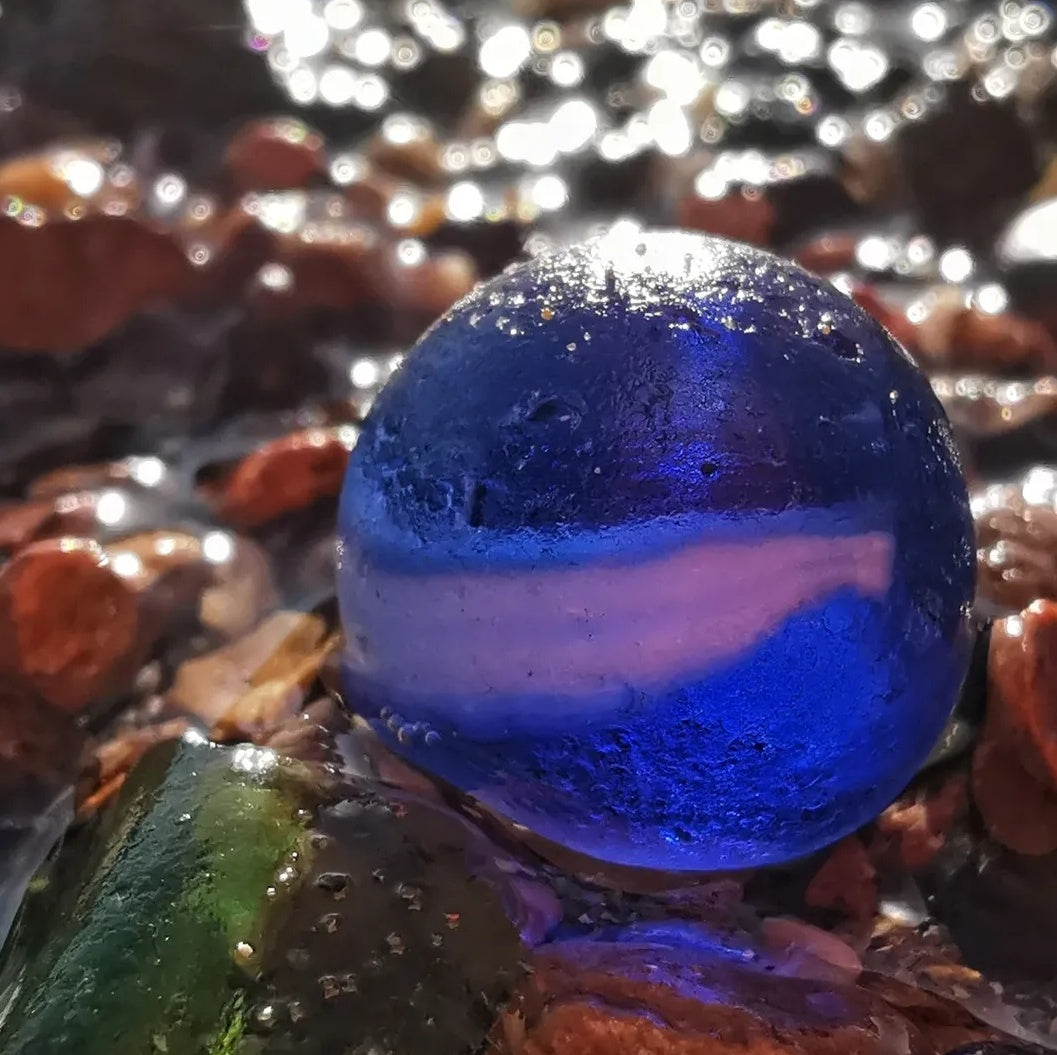 Scottish cobalt blue and white sea glass marble & sterling silver pendant.