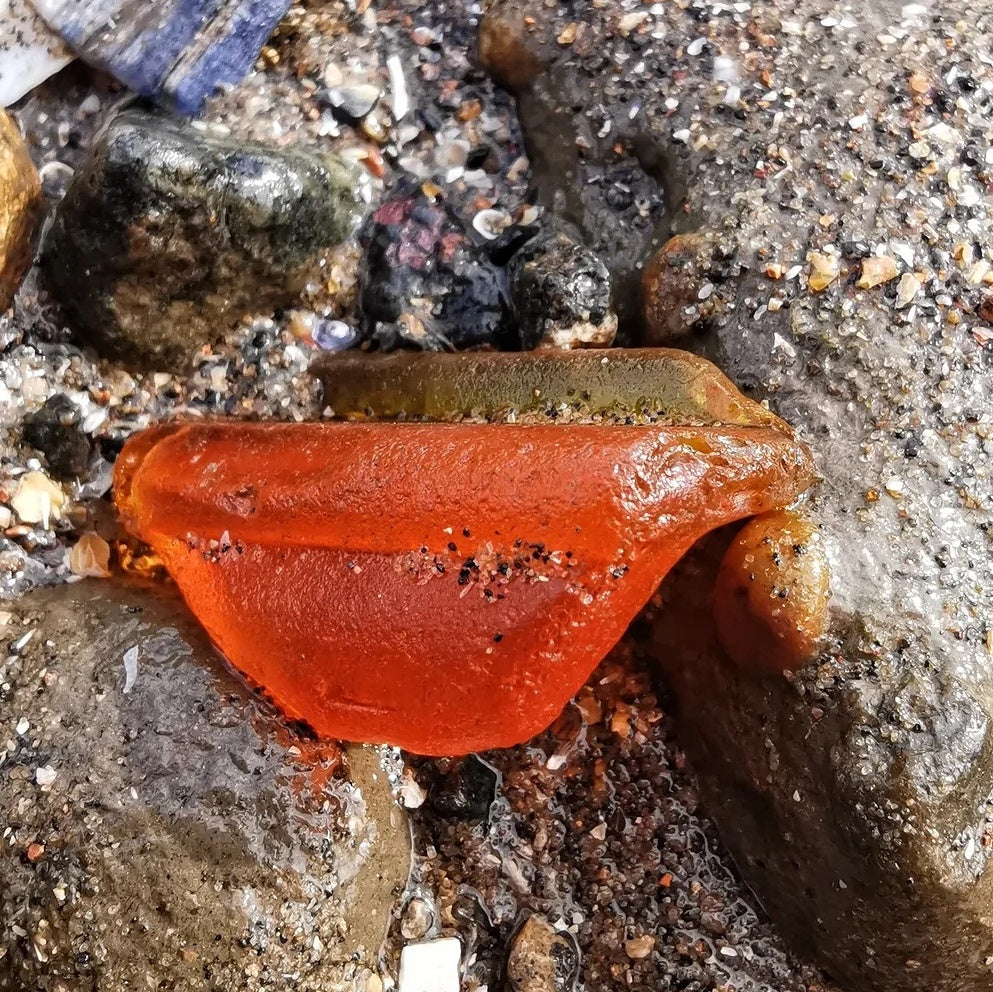 Scottish orange UV sea glass heart & sterling silver pendant.