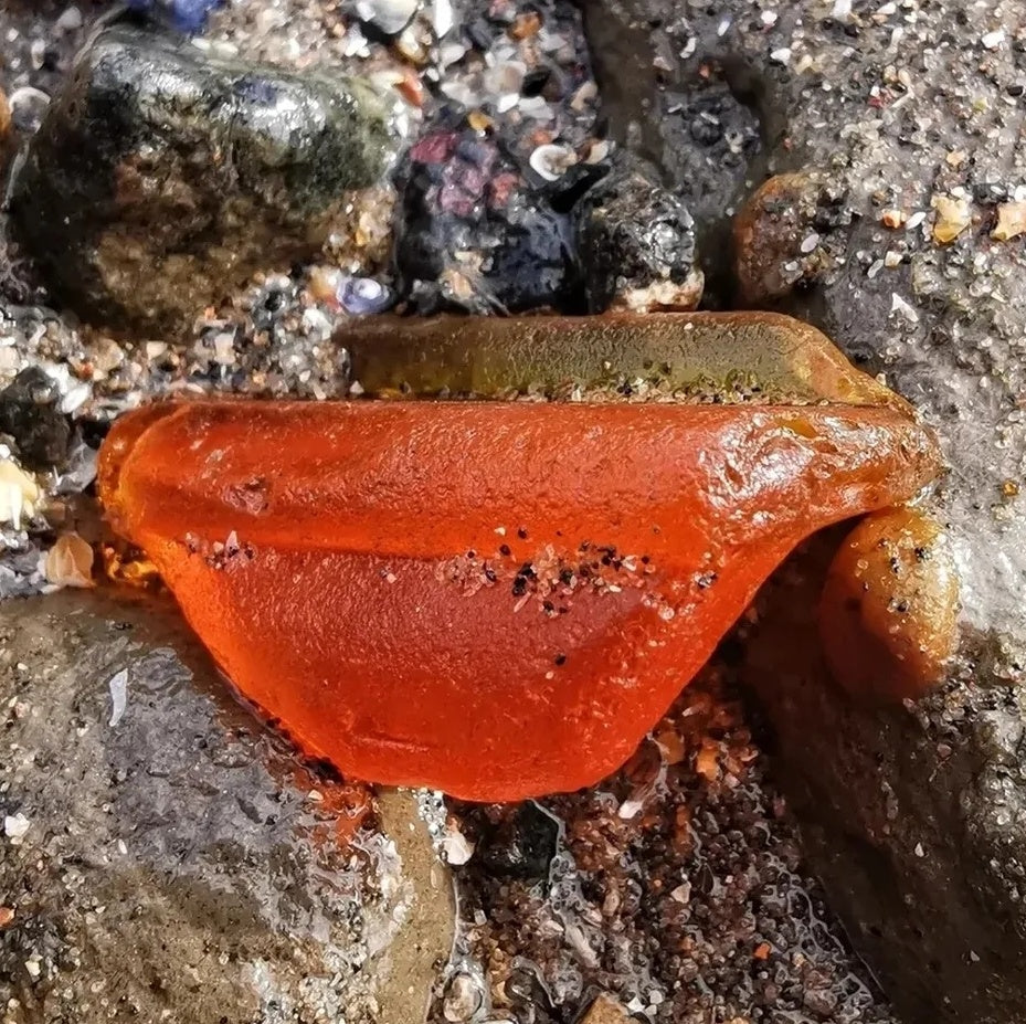 Scottish UV deep orange sea glass, sterling silver and 9ct gold pendant.