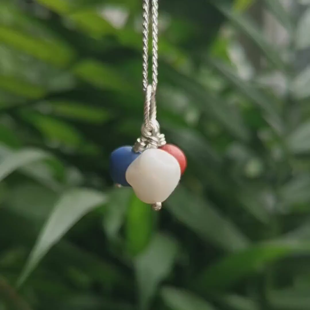 Scottish trio of sea glass beads in blue, red and white, sterling silver necklace