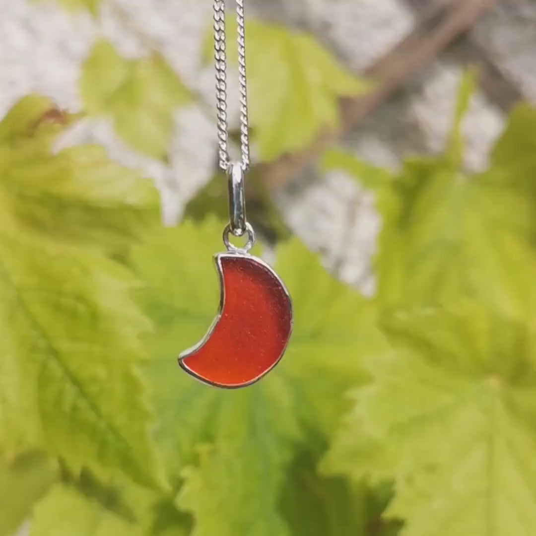 Scottish UV red amberina crescent moon sea glass pendant, sterling silver necklace