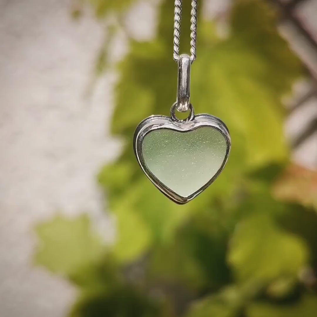 Scottish UV sea glass heart pendant, sterling silver necklace