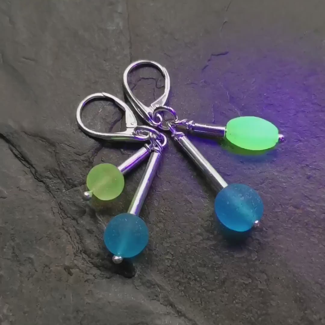 Genuine Scottish UV and aquamarine sea glass beads and sterling silver drop earrings