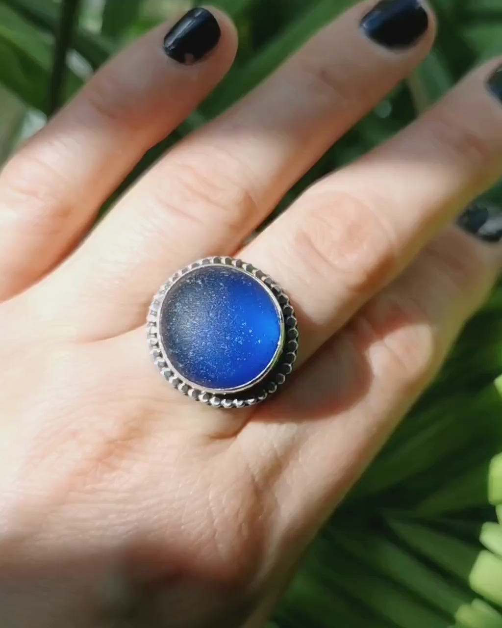 Scottish cobalt blue sea glass sterling silver ring