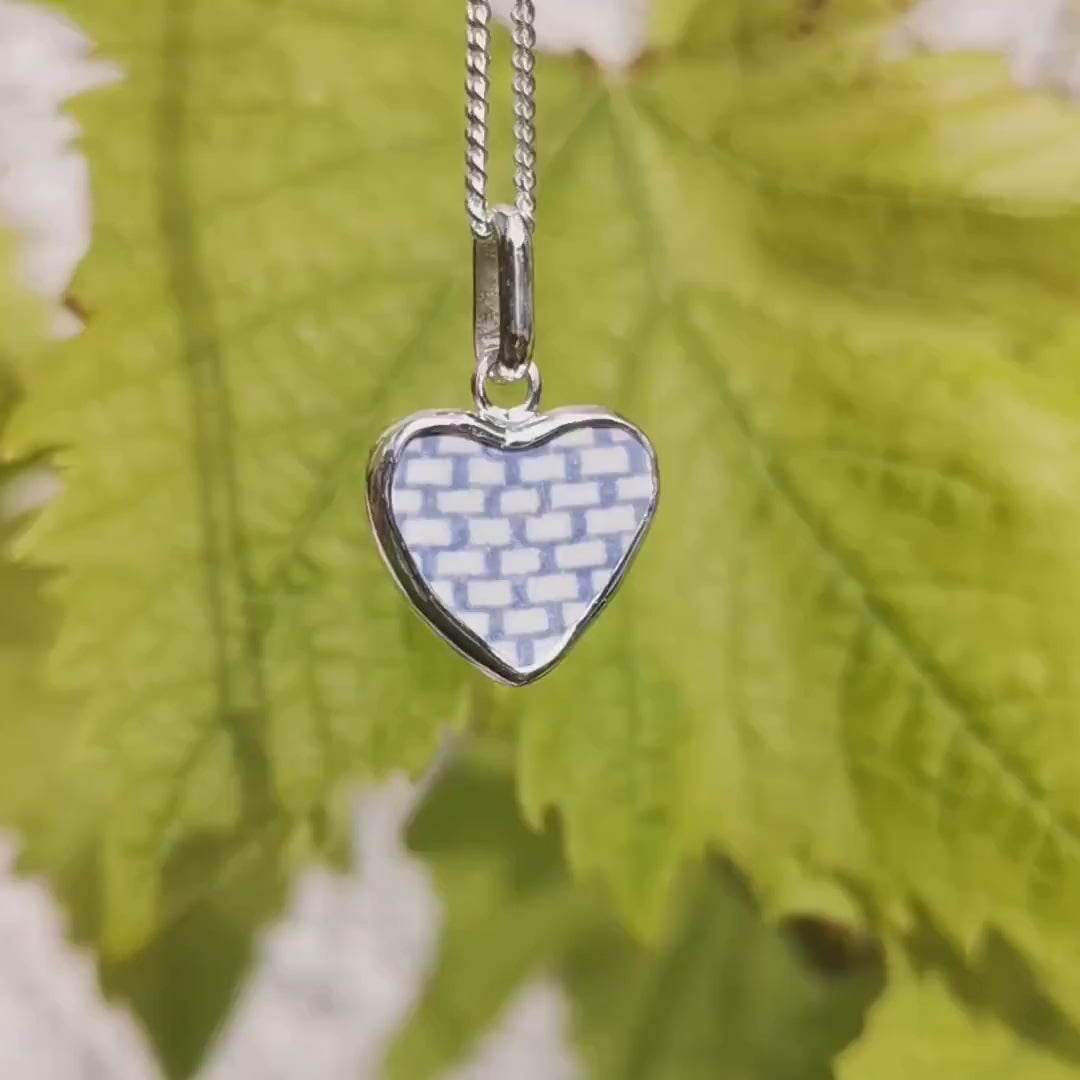 Scottish beach pottery blue and white pattern, heart pendant, silver necklace