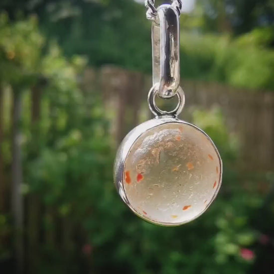 Tiny orange confetti sea glass marble pendant, sterling silver necklace