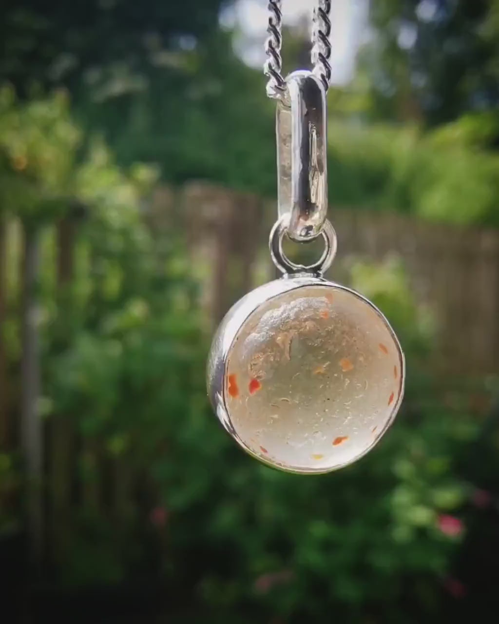 Tiny orange confetti sea glass marble pendant, sterling silver necklace