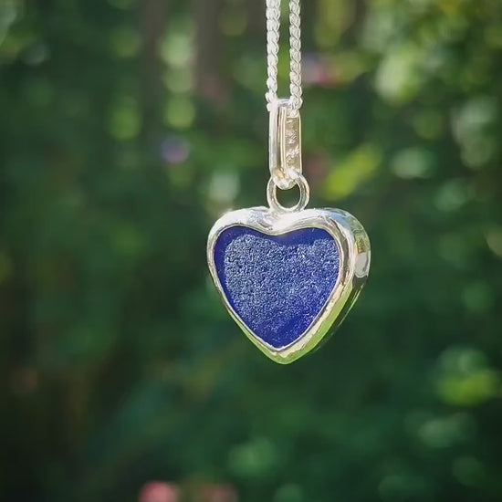 Scottish indigo blue sea glass heart pendant, sterling silver necklace