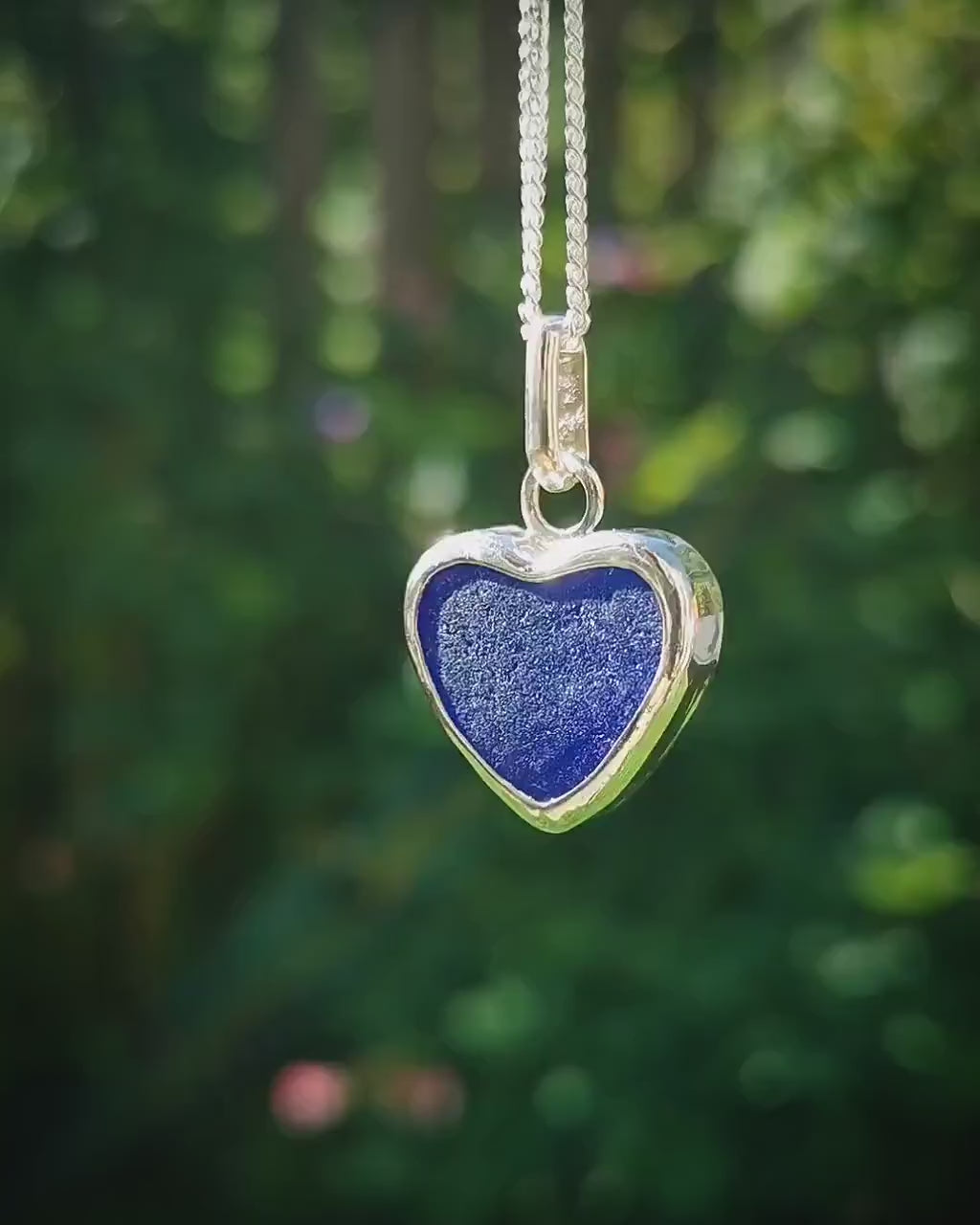 Scottish indigo blue sea glass heart pendant, sterling silver necklace