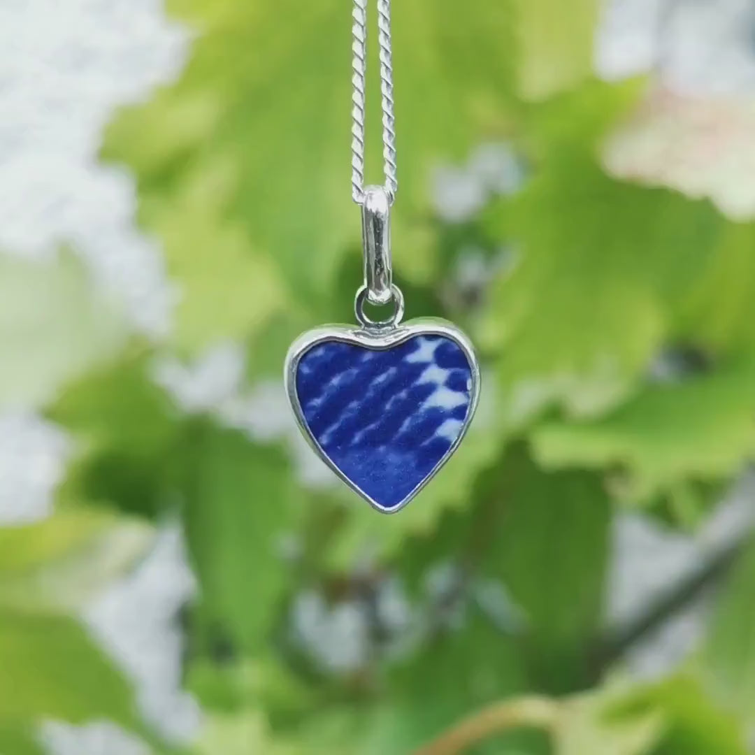 Scottish blue willow pattern beach pottery, heart pendant, silver necklace