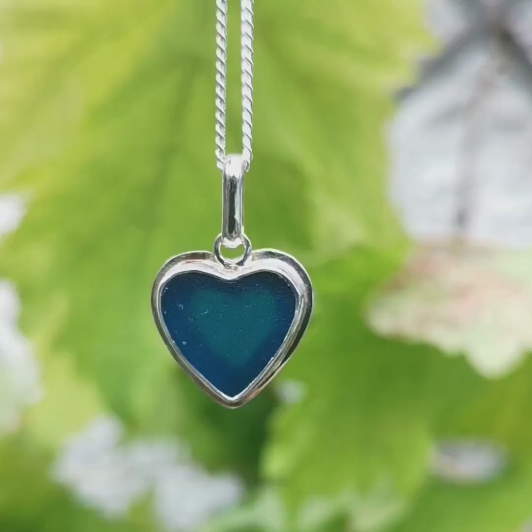 Scottish teal blue sea glass heart pendant, sterling silver necklace