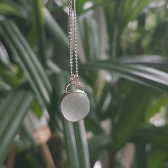 Scottish clear sea glass marble pendant, silver necklace