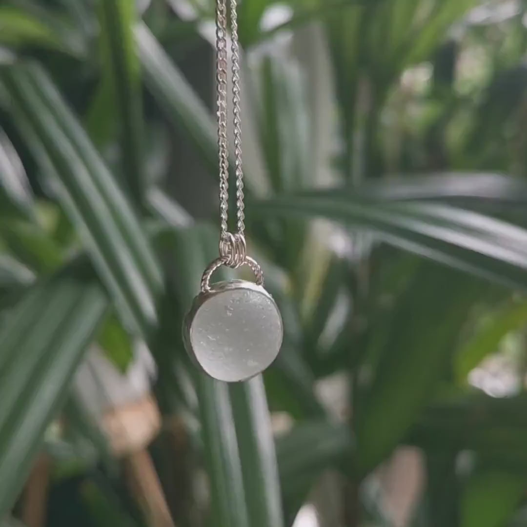 Scottish clear sea glass marble pendant, silver necklace